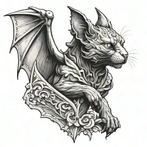 Cat Gargoyle With Bat Wings Front View Realistic