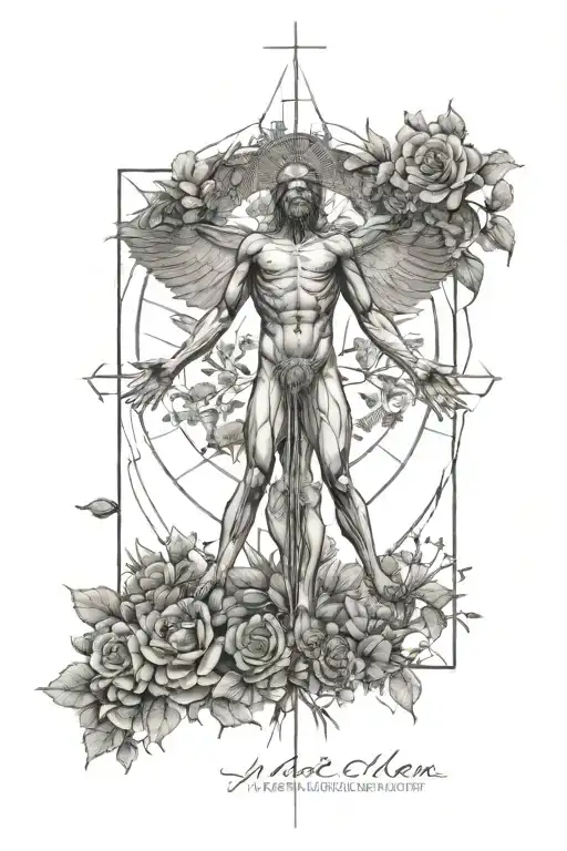Vitruvian Man But Make It An Angel Filled With Wildflowers