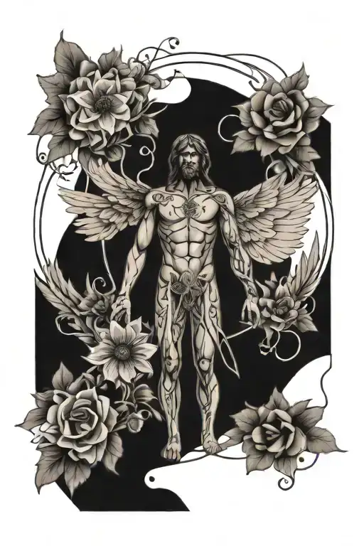Vitruvian Man In The Shape Of An Angel Filled With Flowers But Make It Simple And Tribal