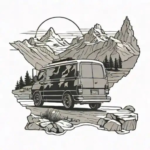 Black And Gray Tattoo Of A Silhouette Standing Between Two Vans Admiring The Mountains Behind Them