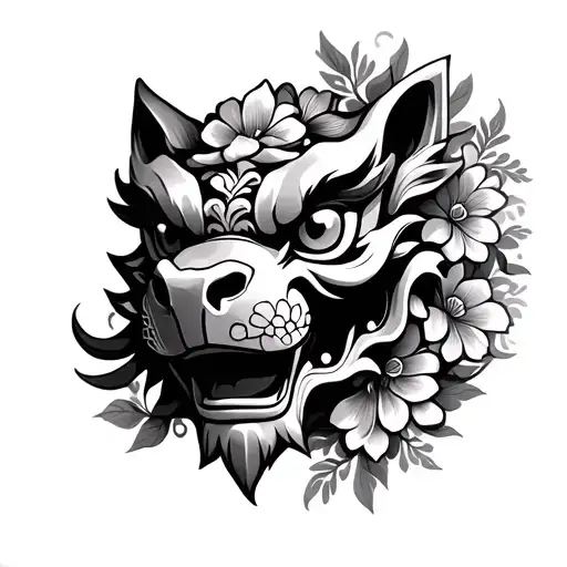 Foo Dog Samari Mask With Flowers