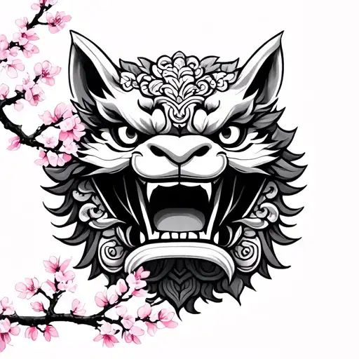 Foo Dog Samari Mask With Cherry Blossom Tree