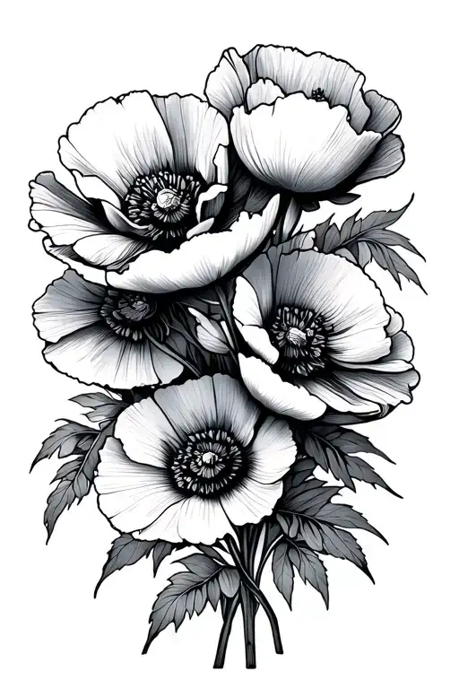 Poppy Flower Bouquet Fine Line