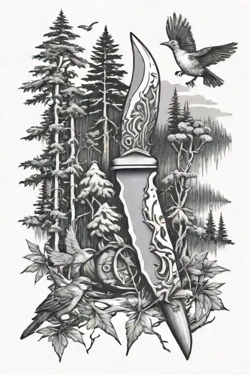 A Bushcraft Knife Surrounded By A Forest With Birds In The Background