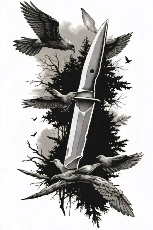 A Military Knife Surrounded By A Forest With Birds In The Background