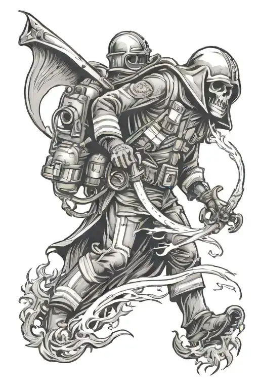 Firefighter Paramedic Fighting A Grim Reaper Coming Out Of A Oblivion Portal