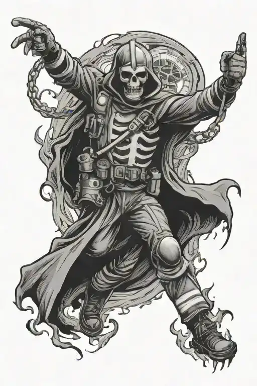 Firefighter Paramedic Fighting A Grim Reaper Coming Out Of A Oblivion Portal