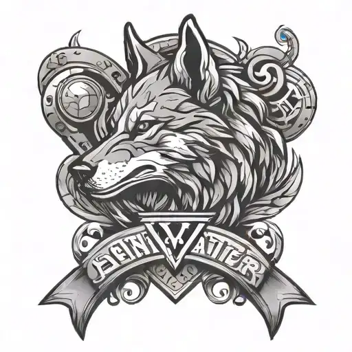 A Content Creator Logo Tattoo With A Stylized Wolf Head And Gaming Symbols In The Background