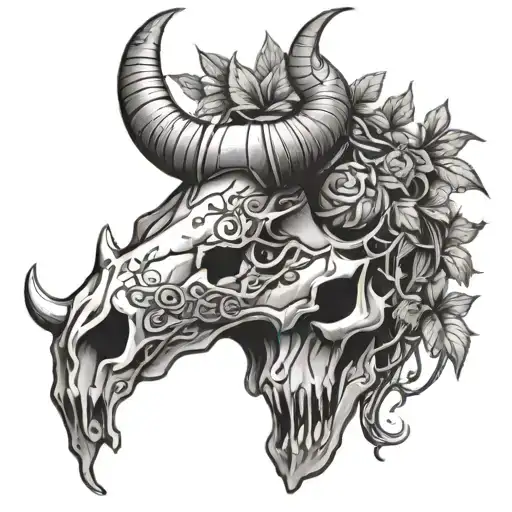 Cracked Bull Skull With Vines And A Dagger In The Forehead Tattoo Sketch