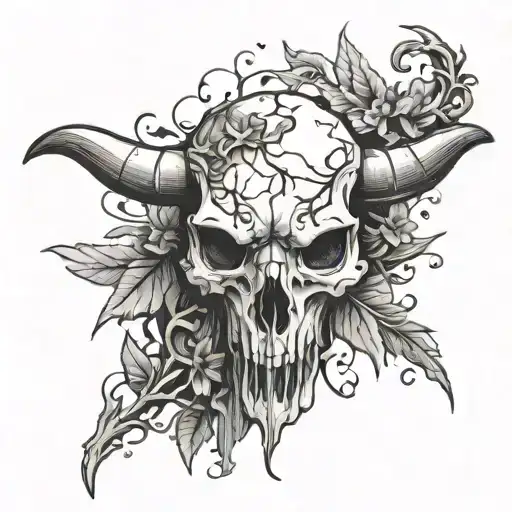Cracked Bull Skull With Vines And A Dagger In The Forehead Tattoo Sketch