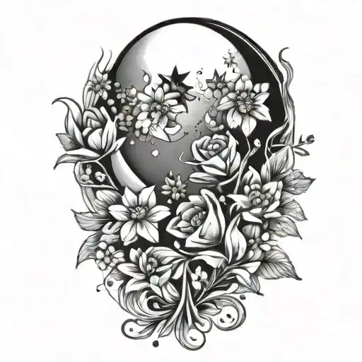 Moon With Stars And Flowers In The Background