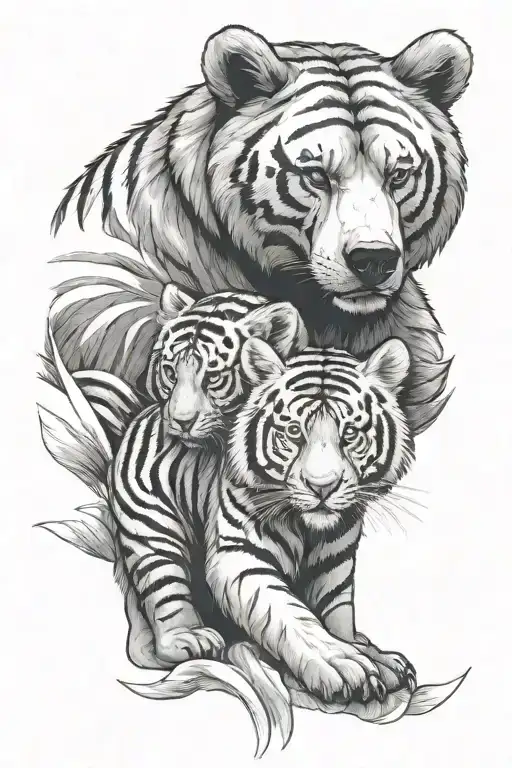 An Adult Bear Protecting A Tiger Cub