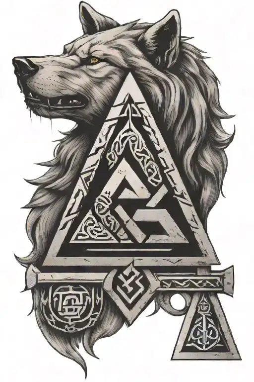 Mjolnir Hammer And Wolf's Valknut Symbol