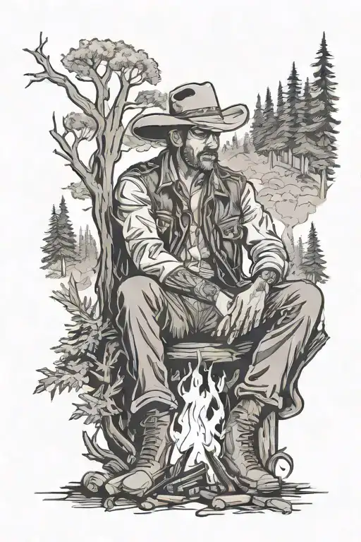 A Cowboy Sitting Inside A Bonfire Surrounded By A Forest