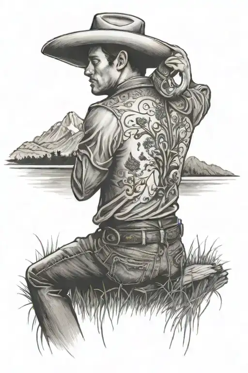 A Cowboy Sitting In The Grass Looking At A Lake In The Country With Mountains In The Back