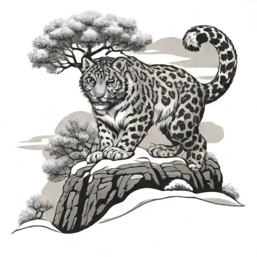Snow Leopard Stalking Down Snowy Mountain With Bonsai Tree