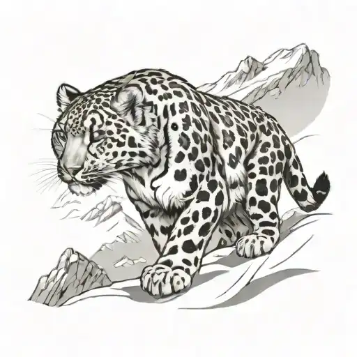 Snow Leopard Climbing Down Snowy Mountain