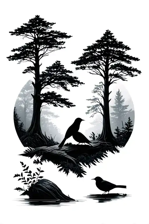 Forest And Birds Sitting