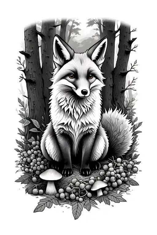 Fox Sitting On Forest Floor With Berries And Mushrooms