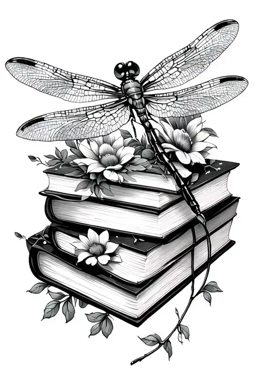 Dragonfly On Books Surrounded By Florals