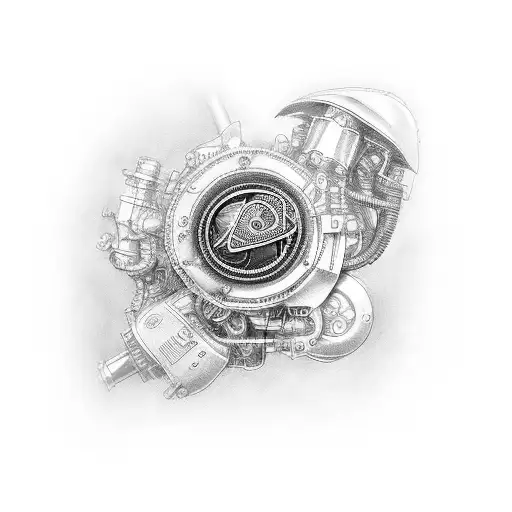 An Intricate Black And Grey Tattoo Of A Motorcycle Engine With Cryptocurrency Circuitry Intertwined