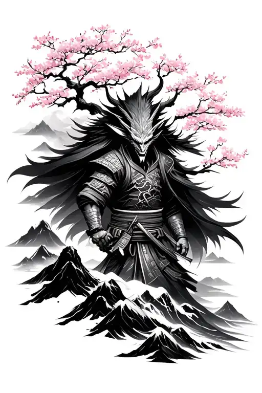 Demon Samurai X Cherry Blossom Tree X Mountain Landscape