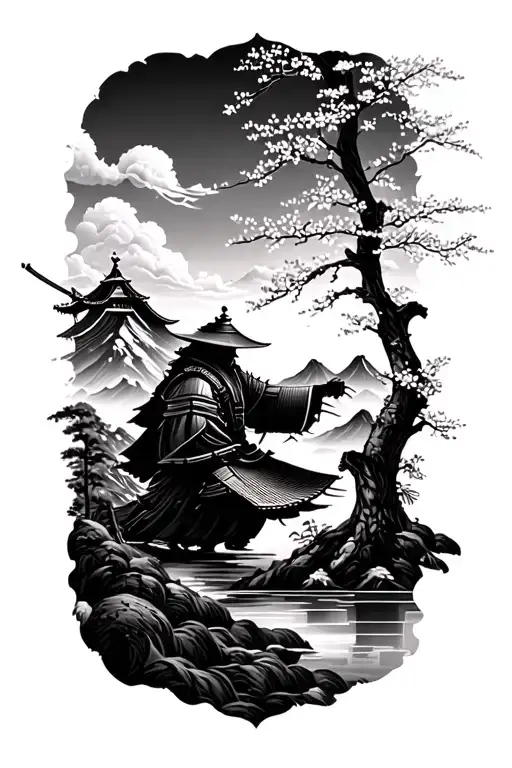 Samurai X Mountain Landscape X Cherry Blossom Tree