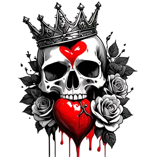Melting Skull With A Bleeding Heart And A Queens Crown With Roses And Thorns