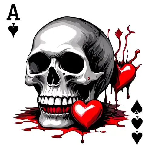 Melting Skull With A Bleeding Heart And A Queens Cards Lying