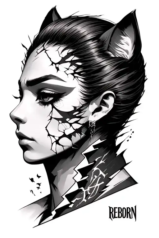 Neck Tattoo Featuring Japanese Kattana Broken With Reborn Written On Side Vertically