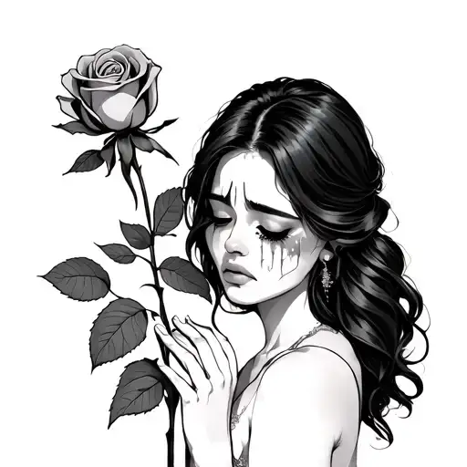 Women Crying And Holding Rose In Shes Hands