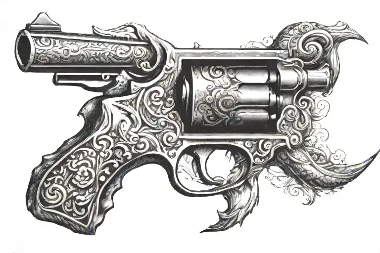 Revolver With Engraving On The Long Barrel And A Snake Twirled Around It