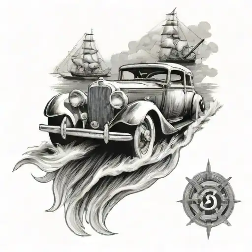 Create A Tattoo Of A Vintage Car Sailing On Rough Seas