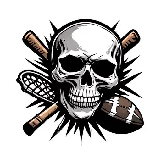 Skull With Lacrosse Stick Hockey Stick And Football
