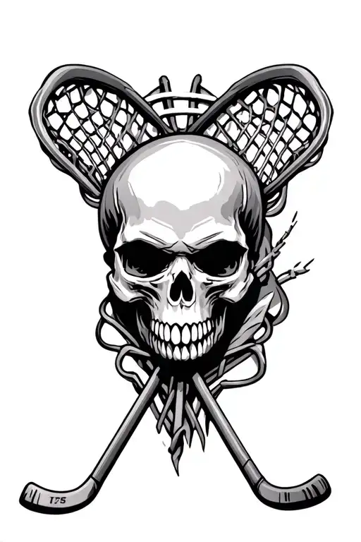 Skull With Lacrosse Stick Hockey Stick And Football