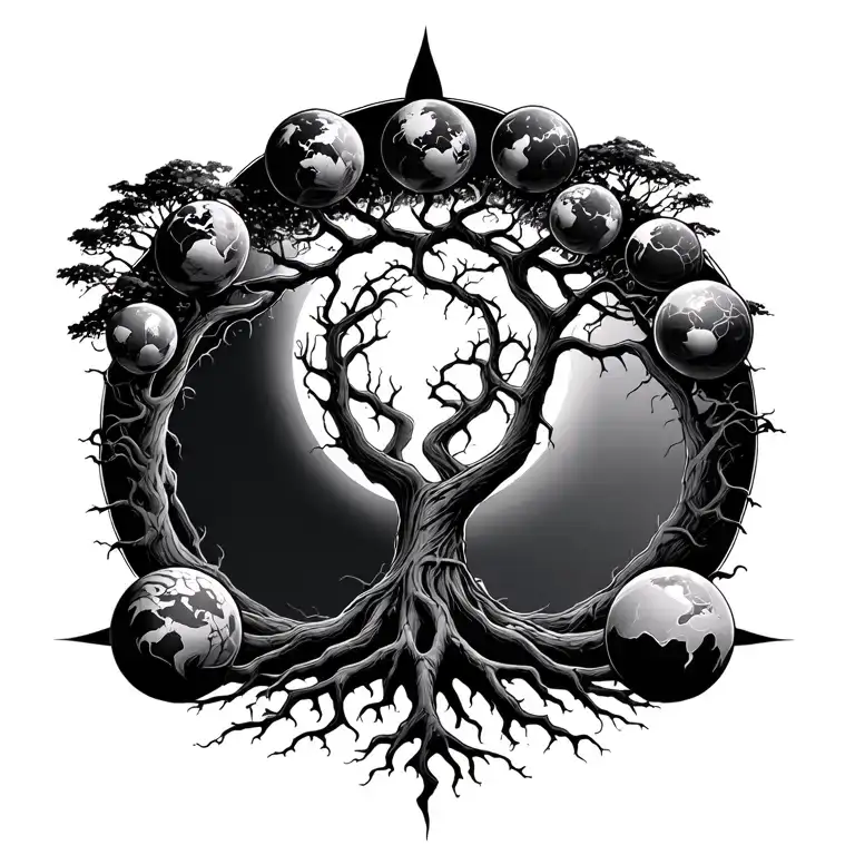 Norse Tree Yggdrasil With Roots Forming A Mark And The Balls Of The 9 Worlds