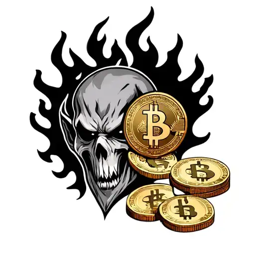 Money And Crypto Coins In Front Of Fire And Evil