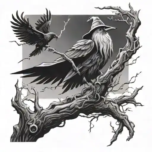 Wizard With Raven And Lightning Old Tree Branches