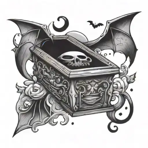 Coffin With Bats And Upside Down Moon