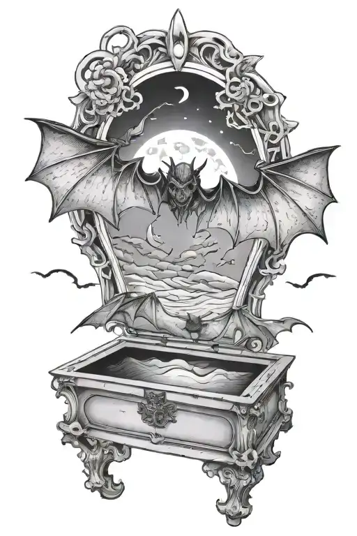 Open Casket With Bats Flying Out Moon Inside