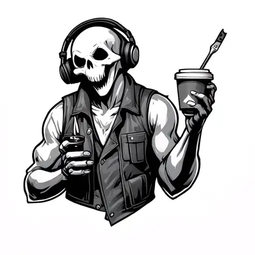 Sweet Ghost With Headphones And A Leather Vest Holding A Cup Of Coffee And A Screwdriver In Lineart