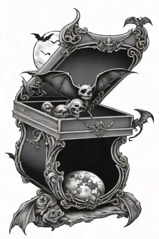 Open Casket With Moon Inside And Bats Flying Out