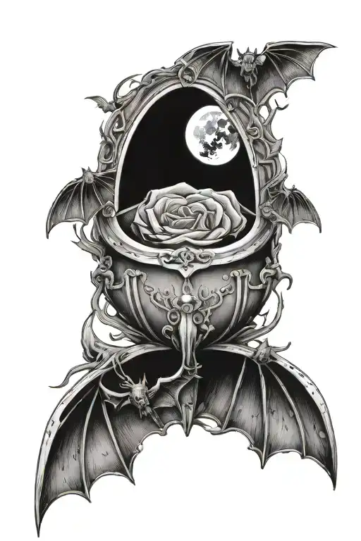 Open Casket With Moon Inside And Bats Flying Out