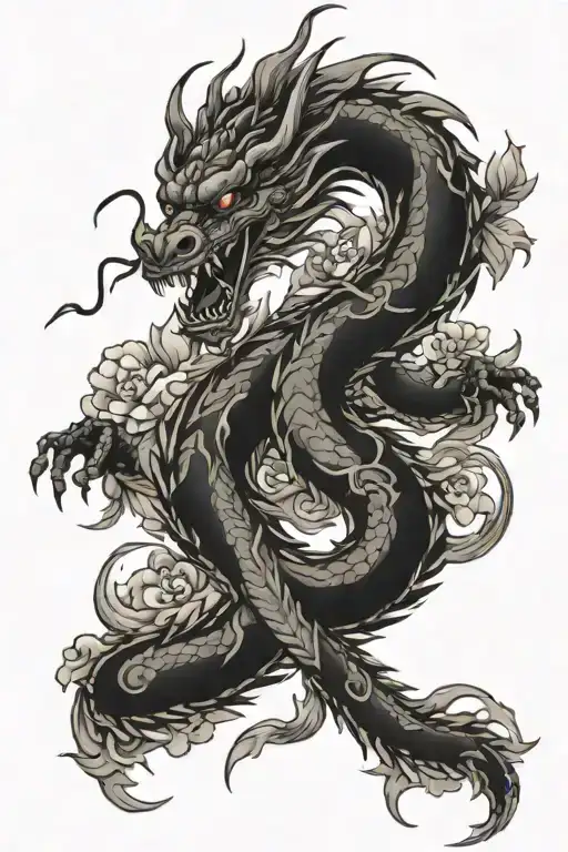 Japanese Dragon And Flowers Intertwined