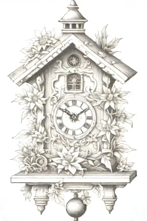 German Cuckoo Clock With Edelweiss Flowers Surrounding Delicate