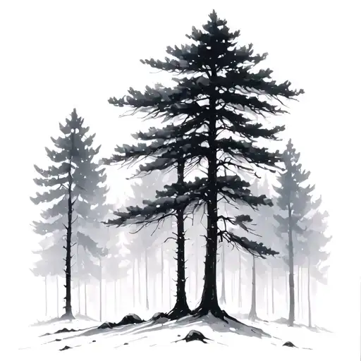 Dark Pine Forest With A Bright Aspen Tree Made