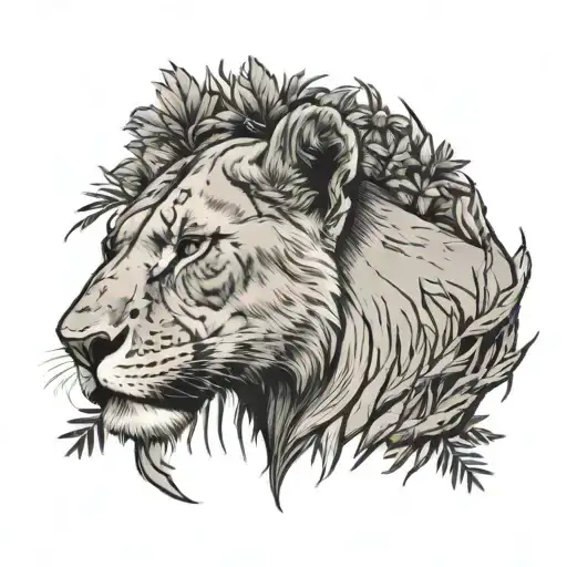 Lioness Half Head With Redwood Tree Growing