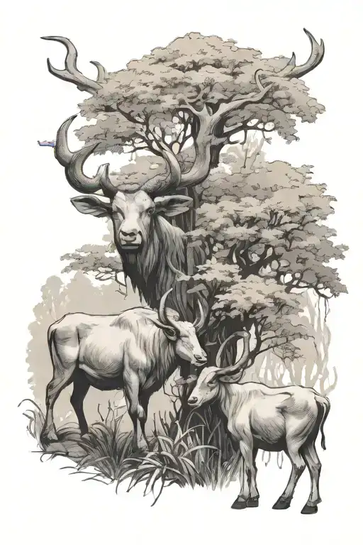 Forest Bull And Goat Grazing Peacefully Under A Canopy