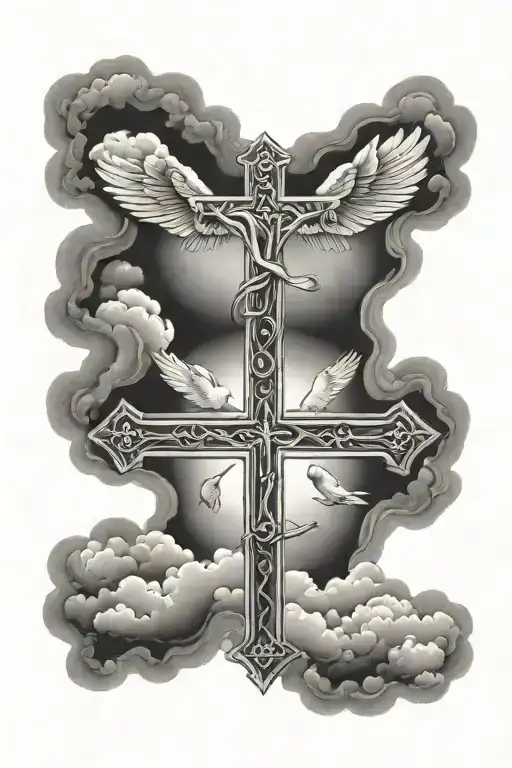 Three Crosses On Bottom With Clouds And Dove