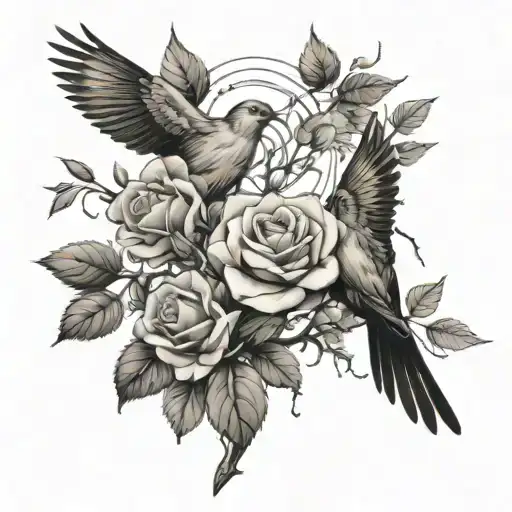 Roses Tree Branches And Birds Flying